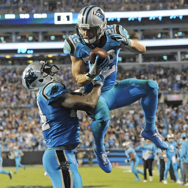 Carolina Panthers' Christian McCaffrey celebrates his touchdown catch