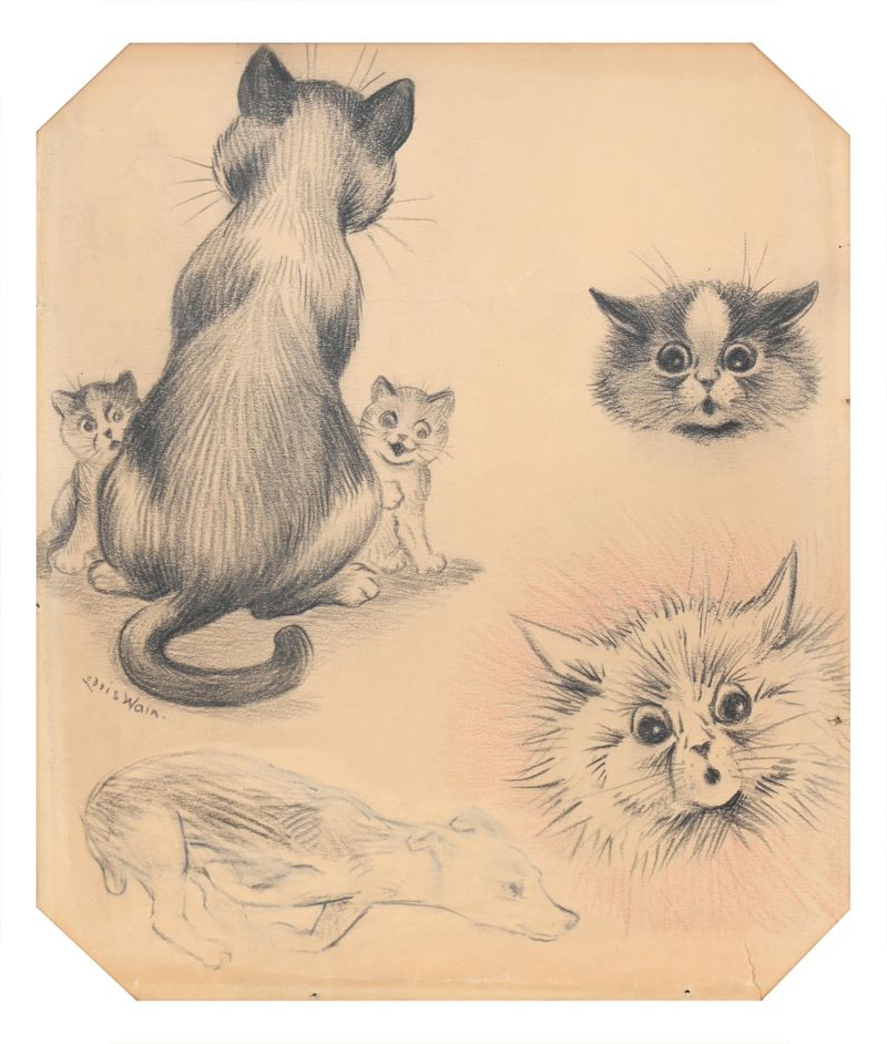 'Cats, Kittens and a Running Dog, Studies From a Sketchbook' by Louis Wain