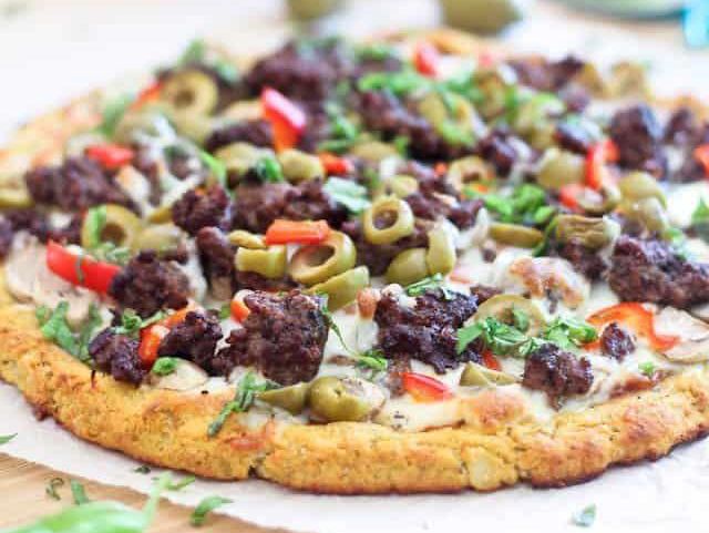 Cauliflower Crust Pizza With Ground Beef and Green Olives