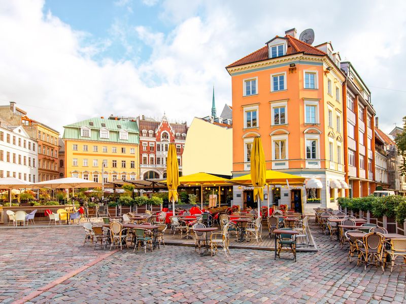 Central square with cafes and restaurants in Riga, Latvia