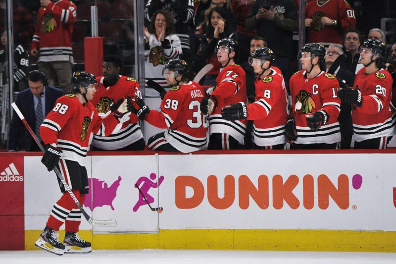 Chicago Blackhawks players in front of Dunkin' Donuts sponsorship at NHL game