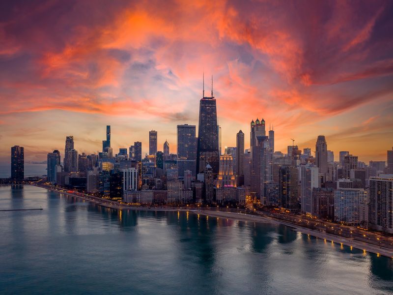 Chicago cityscape along Lake Shore Drive at dusk