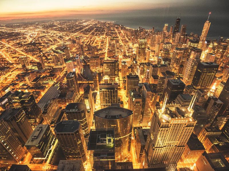 Chicago night downtown aerial view