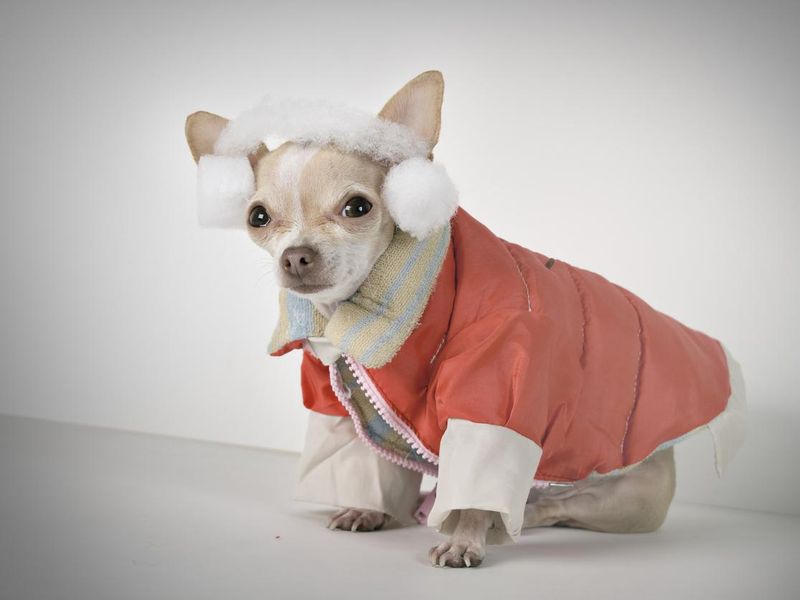 Chihuahua wearing a coat and ear muffs