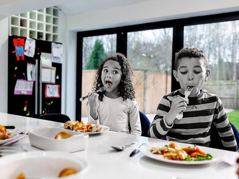 Children eating at kitchen counter