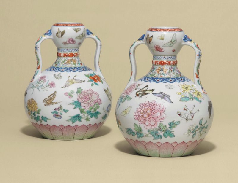 Chinese Famille-Rose Butterfly Double-Gourd Vase Pair