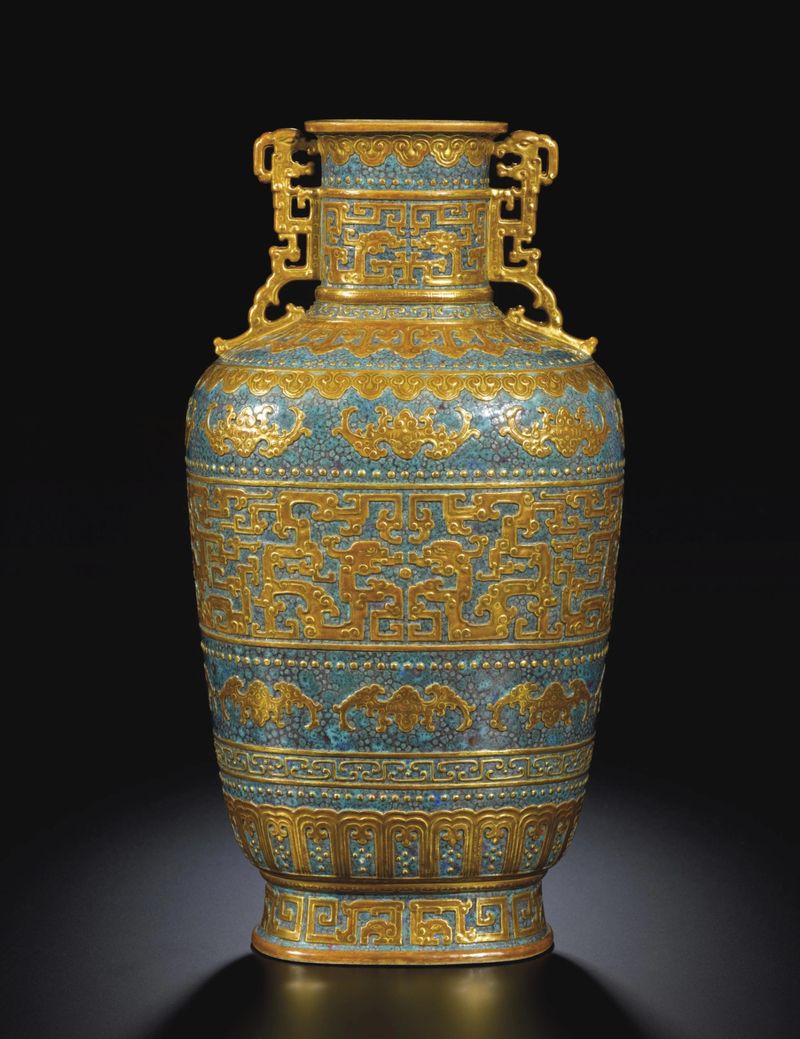 Chinese Robin’s Egg And Gilt Archaistic Vase
