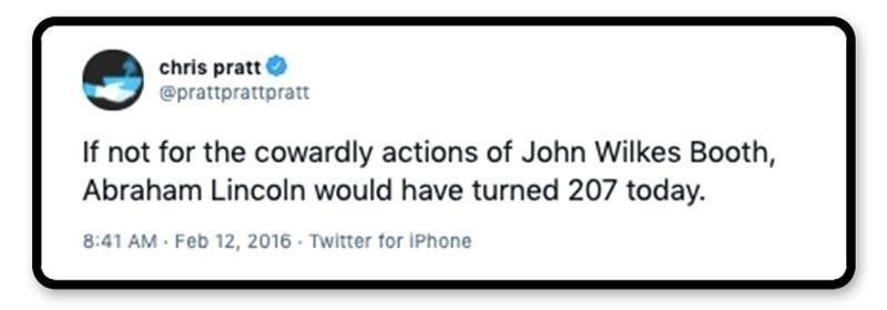 Chris Pratt tweet about John Wilkes Booth