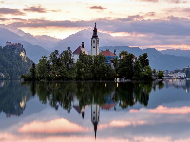 Church on lake Bled during sunrise