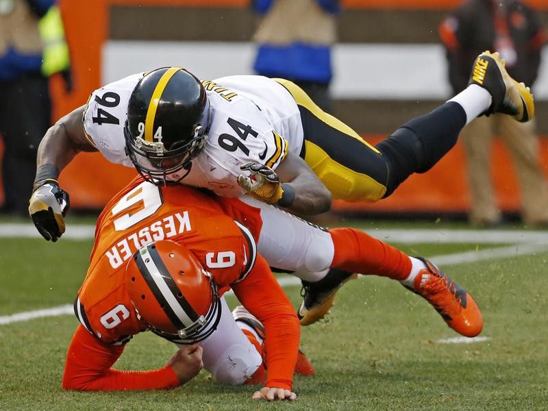 Cleveland Browns quarterback Cody Kessler sacked by Lawrence Timmons