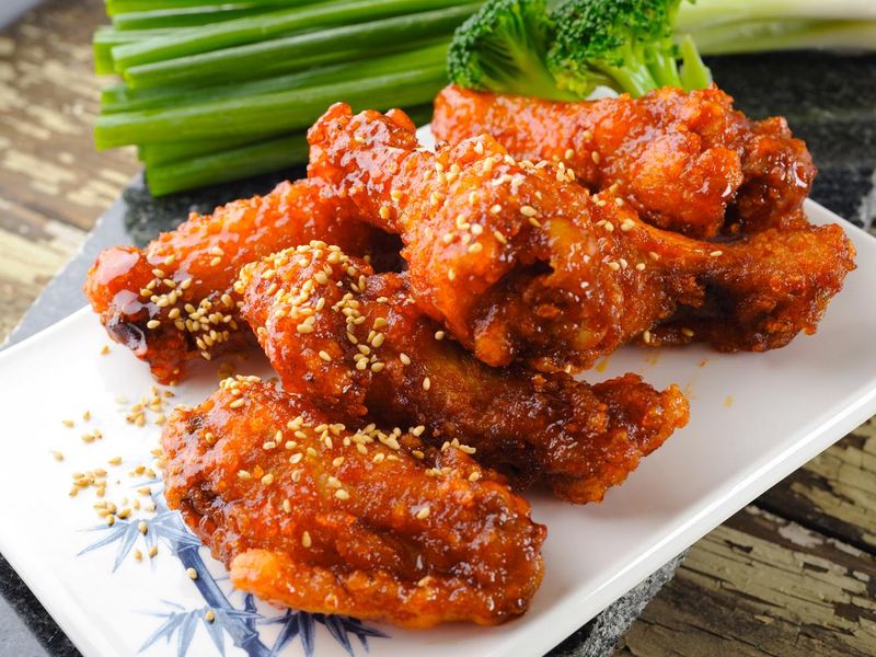 Close-up of Korean fried chicken wings