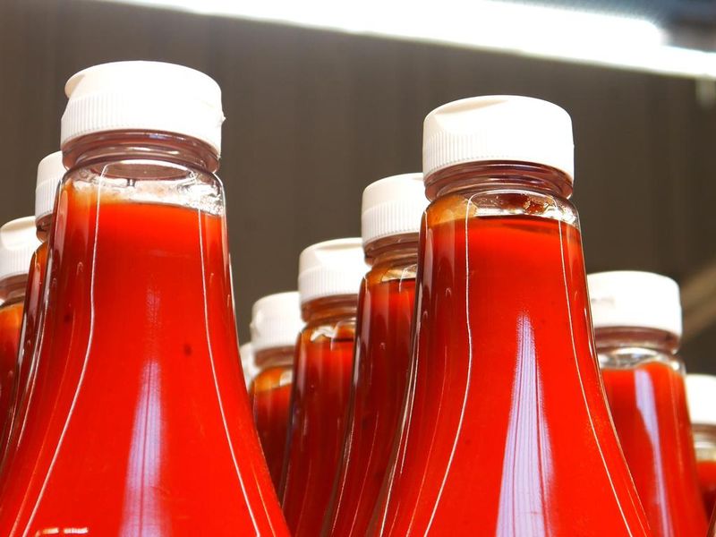 Close-up of many beautiful bottles of ketchup or tomato sauce in a supermarket