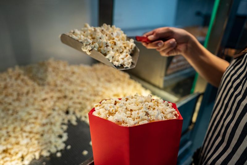 Close-up serving popcorn at a concession stand at the cinema