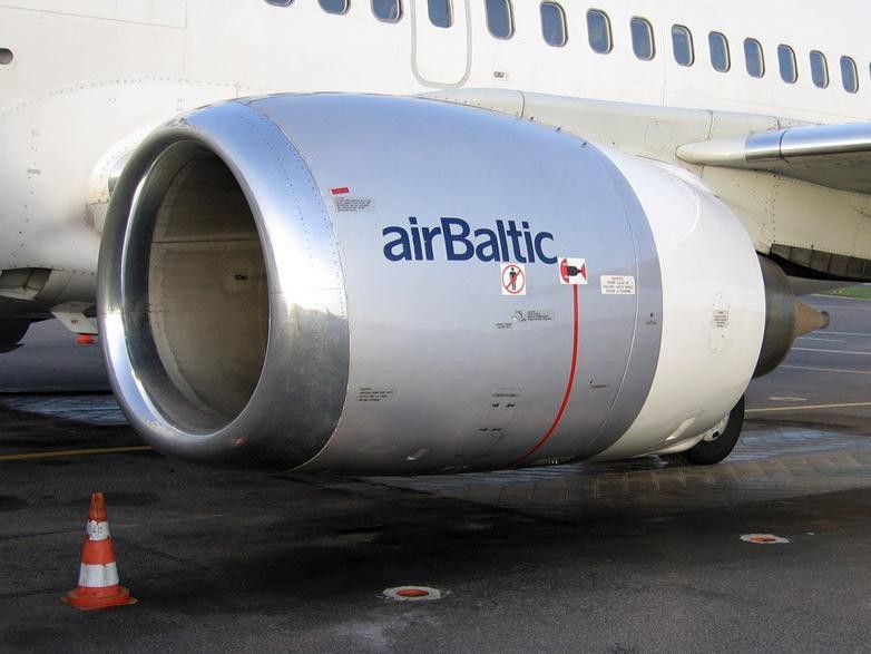 Closeup of Air Baltic plane engine