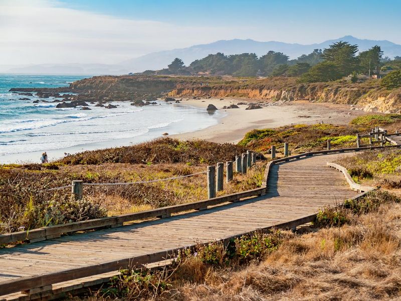 Coastline with boardwalk at Moonstone Beach in Cambria California