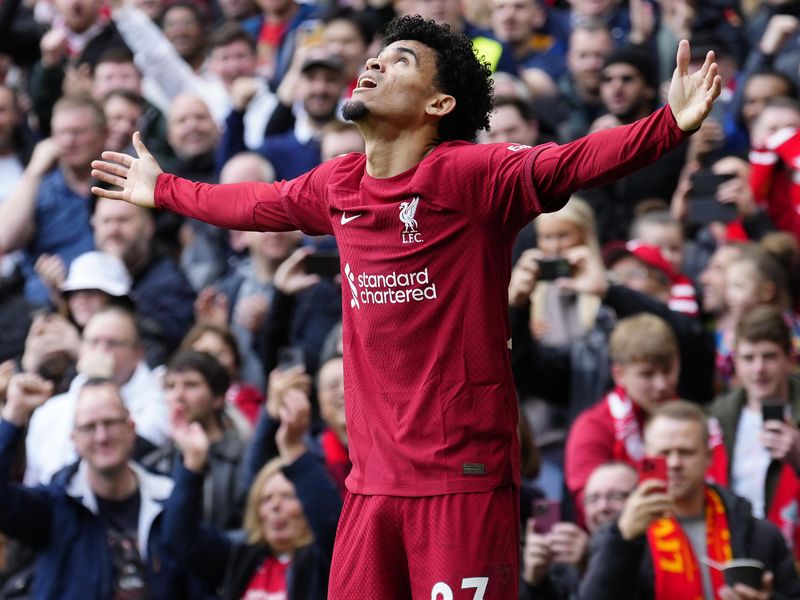 Colombian Luis Diaz celebrates after scoring a goal for Liverpool