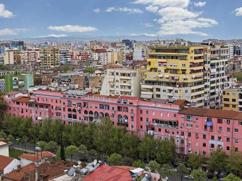 Colorful apartment buildings in Tirana, Albania