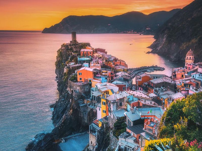 Colorful landscape view of Vernazza on sunset in Cinque Terre, Liguria, Italia