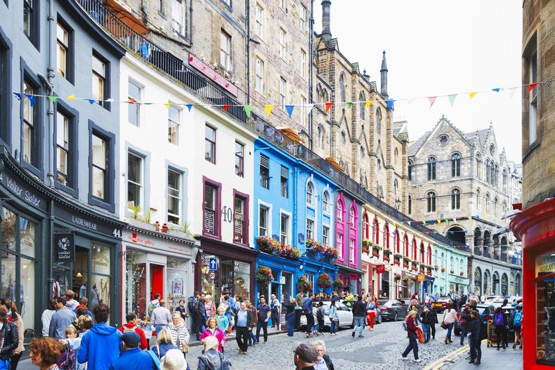 Colorful street with shops Edinburgh Old Town