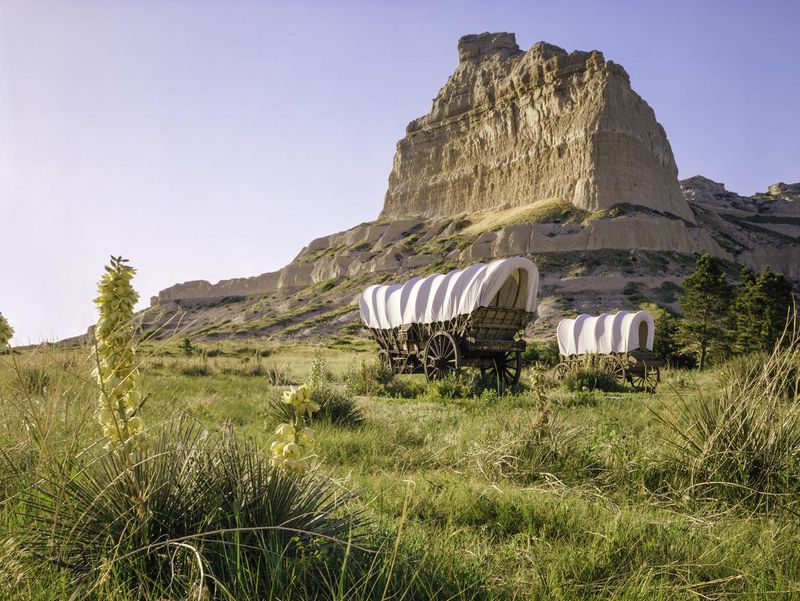 Conestoga covered wagons, Scotts Bluff National Monument, Oregon Trail, Nebraska