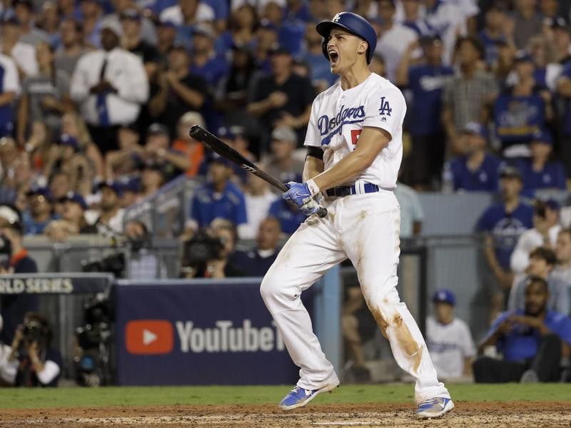 Corey Seager of the Dodgers celebrates after a two-run home run against the Houston Astros