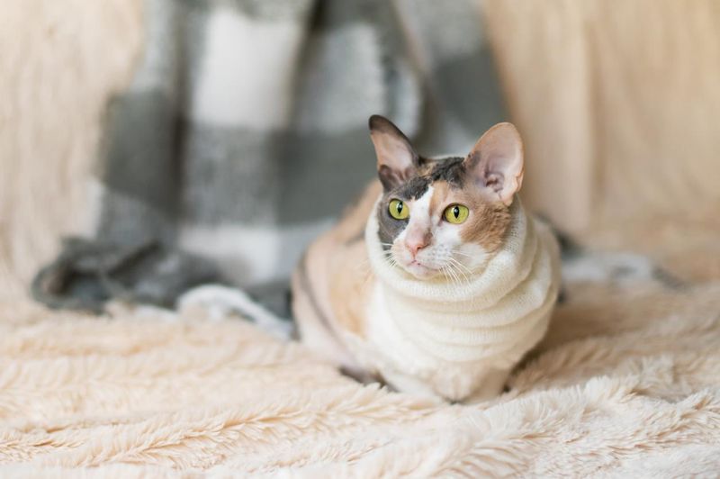 Cornish rex cat sits on a warm fur blanket