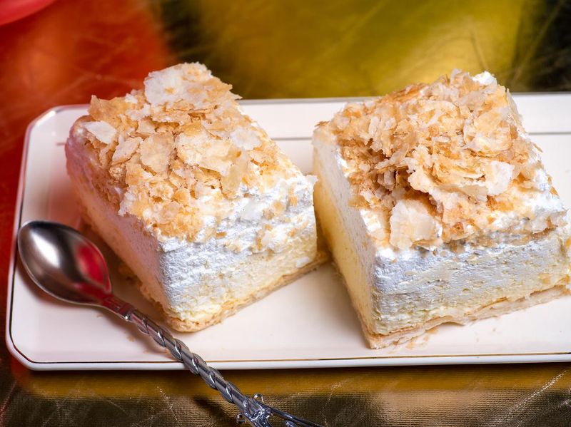 Cremeschnitte sweet cream pie cake on a plate