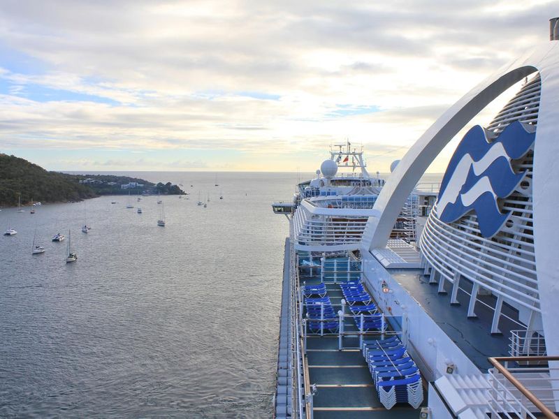 Crown Princess ship departs from Charlotte Amalie port on Saint Thomas island.