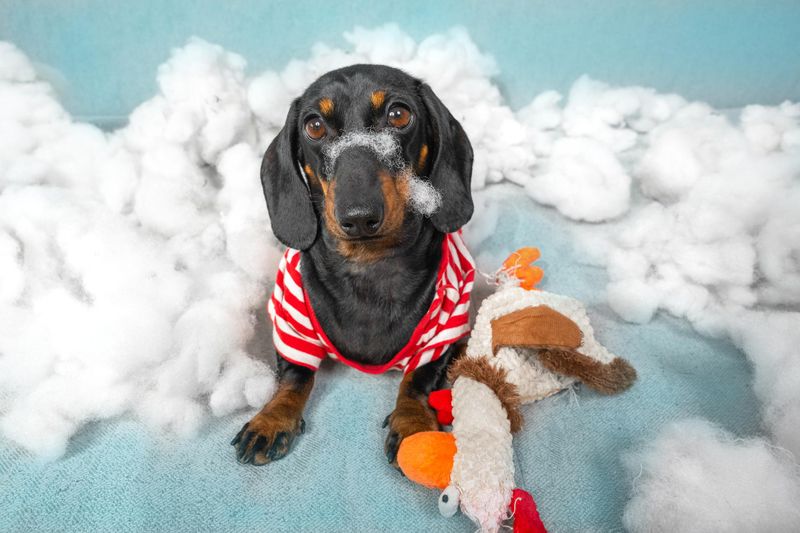 Dachshund puppy has torn up a soft toy