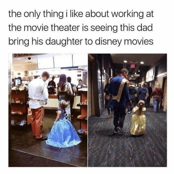 Dad taking daughter to the movies in a princess dress