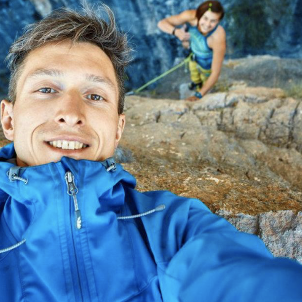 Dangerous rock climbing selfie
