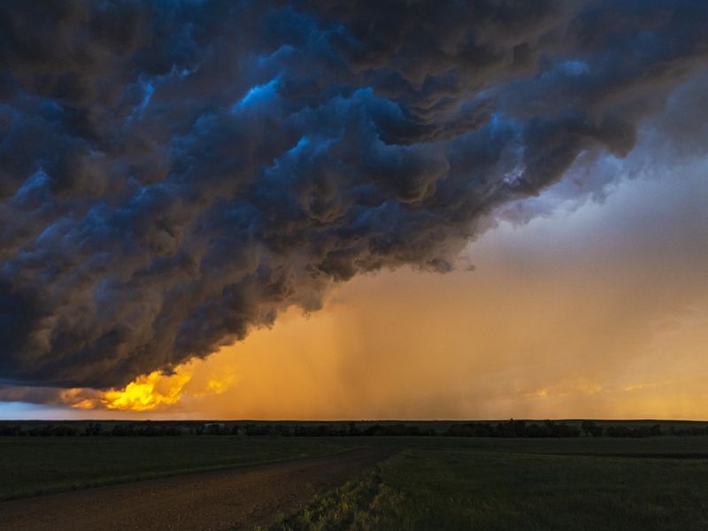 Dark, turbulent, stormy sky at sunset in South Dakota