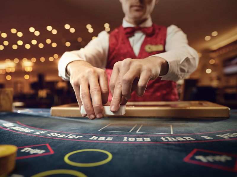 Dealers holds cards in his hands at a table in a casino