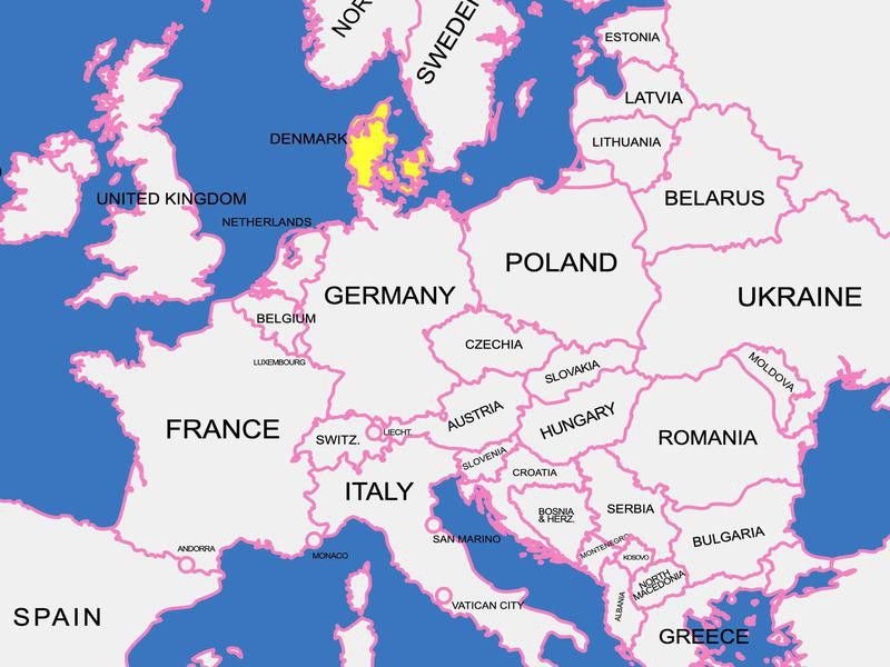 Denmark on map of Europe