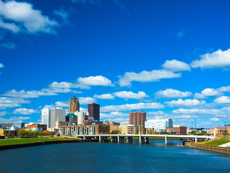 Des Moines skyline with puffy clouds and river