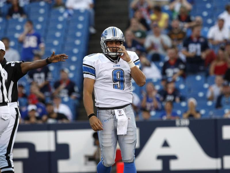 Detroit Lions' Matthew Stafford looks dejected after being sacked