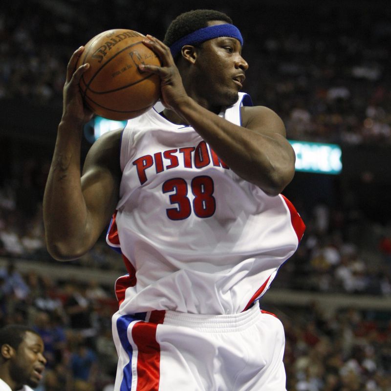 Detroit Pistons center Kwame Brown rebounds