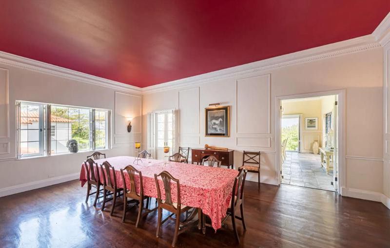 Dining room with hardwood floors and red ceiling