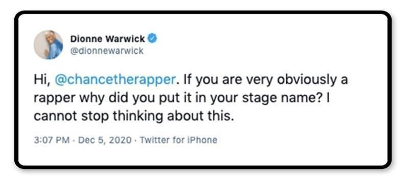 Dionne Warwick tweet about Chance the Rapper's stage name