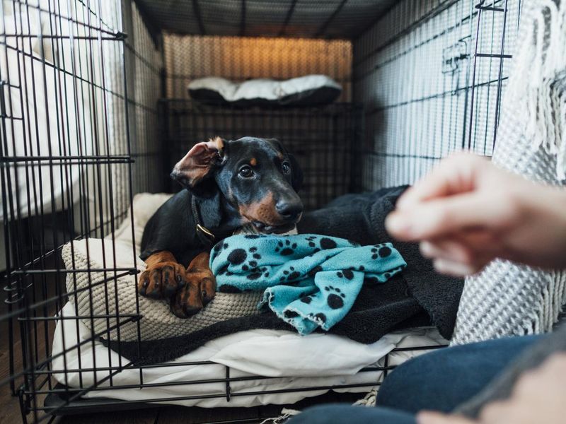 Doberman puppy laying in its bed inside a dog cage in the morning