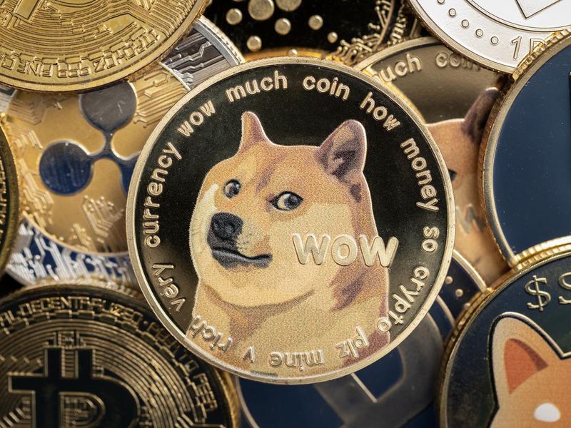 Dogecoin cryptocurrency coin close-up, on top of other cryptocurrency coins