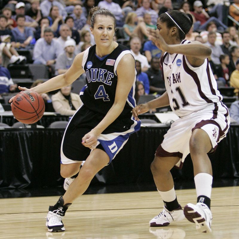 Duke guard Abby Waner attempts to drive around Texas A&M guard Sydney Colson