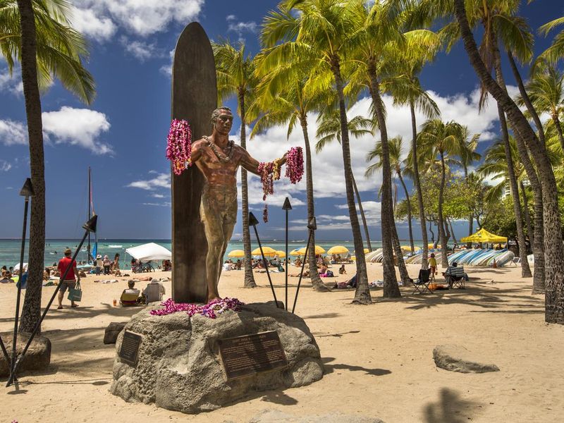 Duke Kahanamoku statue on Waikiki beach Hawaii