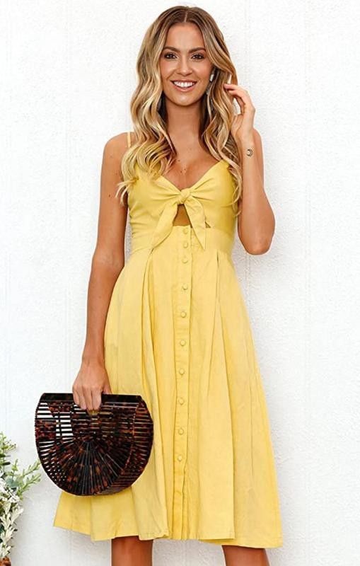 Ecowish Summer Tie Front V-Neck Spaghetti Strap Dress