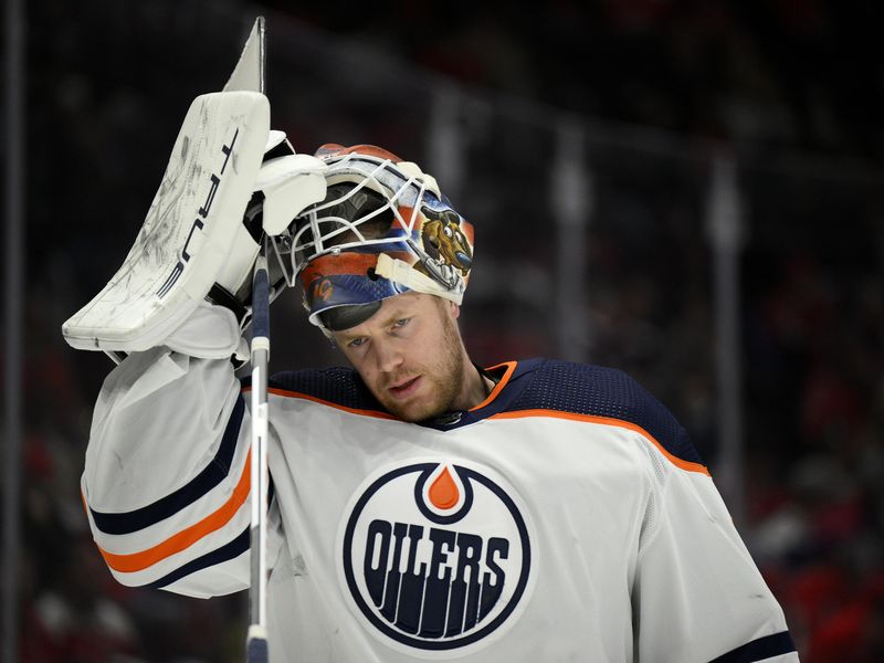 Edmonton Oilers goaltender Mikko Koskinen looks on