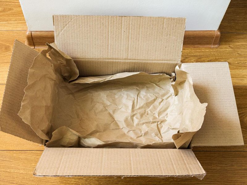 Empty cardboard box with packaging paper on the floor at home