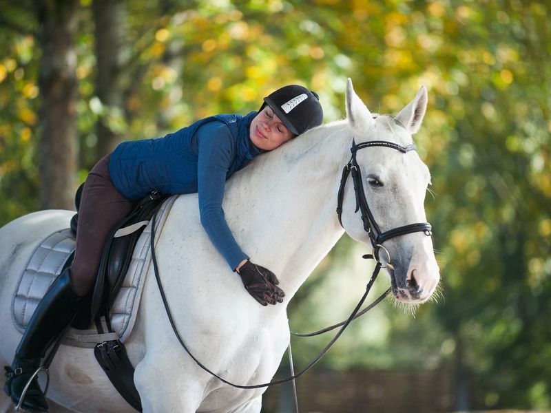 Equestrian lady hugging white horse neck