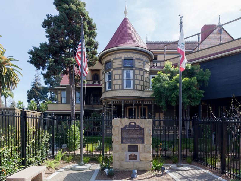 Exterior view of Winchester Mystery House at entrance.