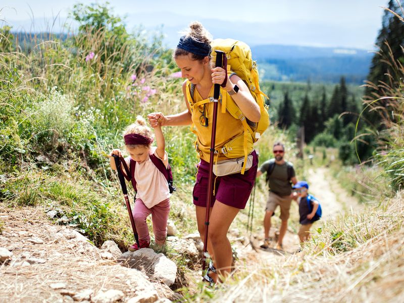 Family with small children hiking outdoors
