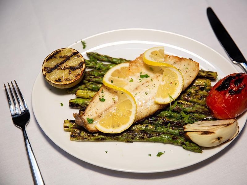 Fish and asparagus at Shiraz Kitchen in Elmsford